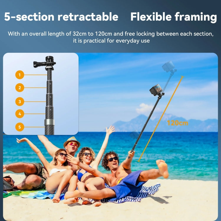 TELESIN 1.2m Carbon Fiber Monopod Selfie Stick With 1/4 Screw For DJI, Insta360, GoPro and Other Action Cameras, 1.2m