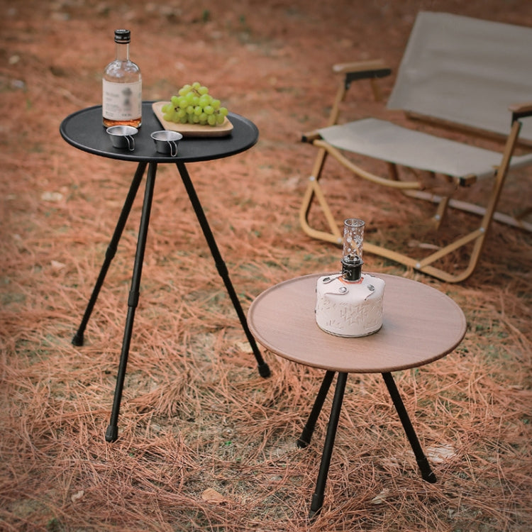 Klappbarer, kleiner runder Campingtisch aus Aluminiumlegierung, höhenverstellbar und tragbar, Farbe: Holzoptik