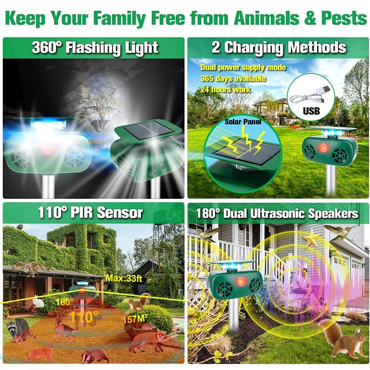SK628 Solar Powered Animal Repeller 360 Degree Strobe Light Bird Repeller Ultrasonic Rat Repeller, Bird Repeller