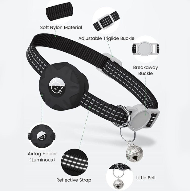 AirTag Silicone Pet Collar Case Reflective Cat Dog Tracker Holder with Bell Black