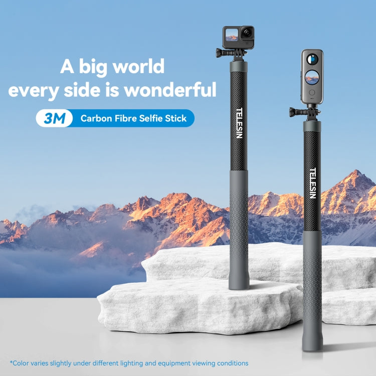 TELESIN 3M Carbonfaser Selfie Stick Monopod mit 1/4 Zoll Schraube für DJI, Insta360, GoPro und andere Action Kameras, 3m