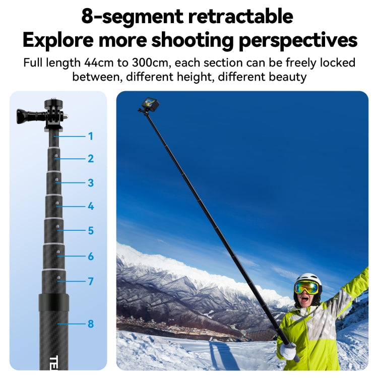 TELESIN 3M Carbonfaser Selfie Stick Monopod mit 1/4 Zoll Schraube für DJI, Insta360, GoPro und andere Action Kameras, 3m