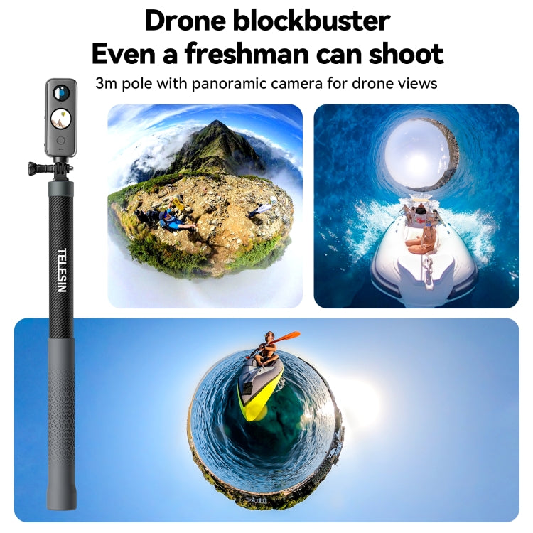 TELESIN 3M Carbonfaser Selfie Stick Monopod mit 1/4 Zoll Schraube für DJI, Insta360, GoPro und andere Action Kameras, 3m