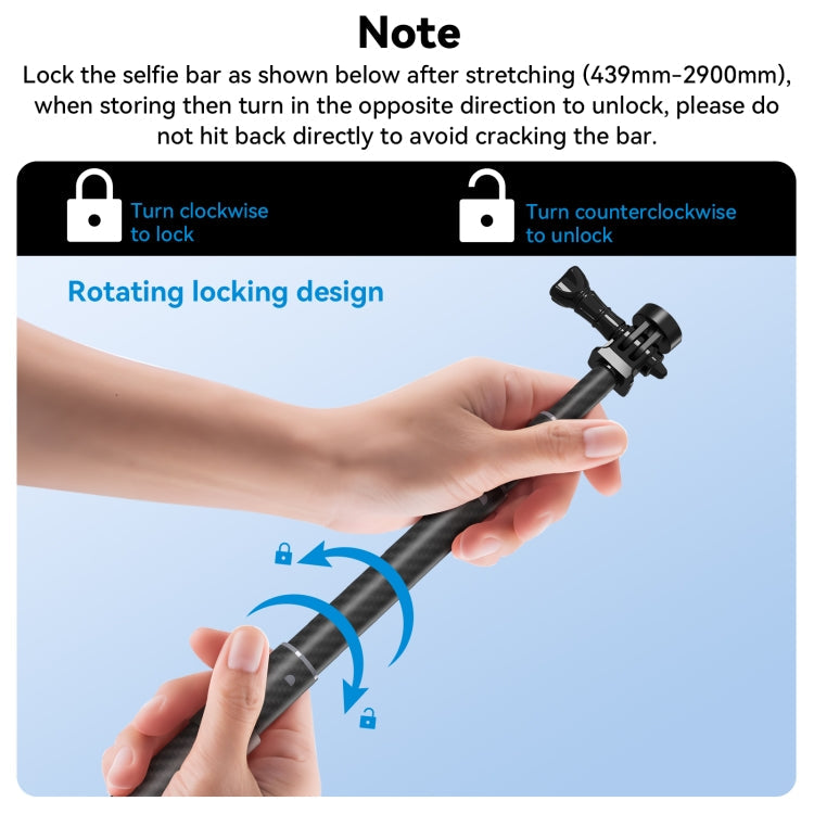 TELESIN 3M Carbonfaser Selfie Stick Monopod mit 1/4 Zoll Schraube für DJI, Insta360, GoPro und andere Action Kameras, 3m