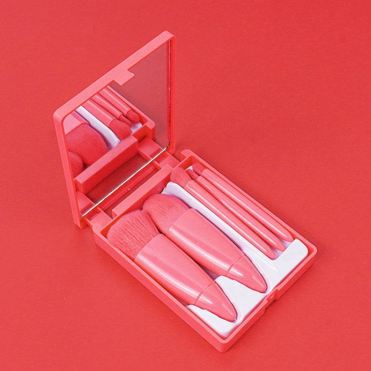 5pcs/Set Medium Portable Makeup Brush Set With Mirror Mini Multifunctional Makeup Brush, Brown, Rose Red, Pink, Fluorescent Green