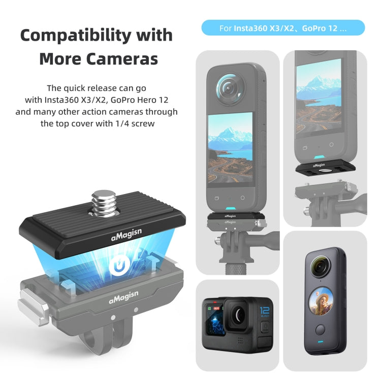 AMagisn Metal Magnetic Quick Release + Top Cover, For Insta360 Ace / Ace Pro / X5 / X3 / X2 / GoPro HERO12 Black, Metal+Top Cover