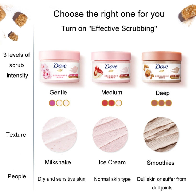 Dove Body Scrub Gentle Moisturizing Cleansing Exfoliating Body Polish, 298g Pomegranate Scent, 298g Cherry Scent, 298g Coconut Flavor