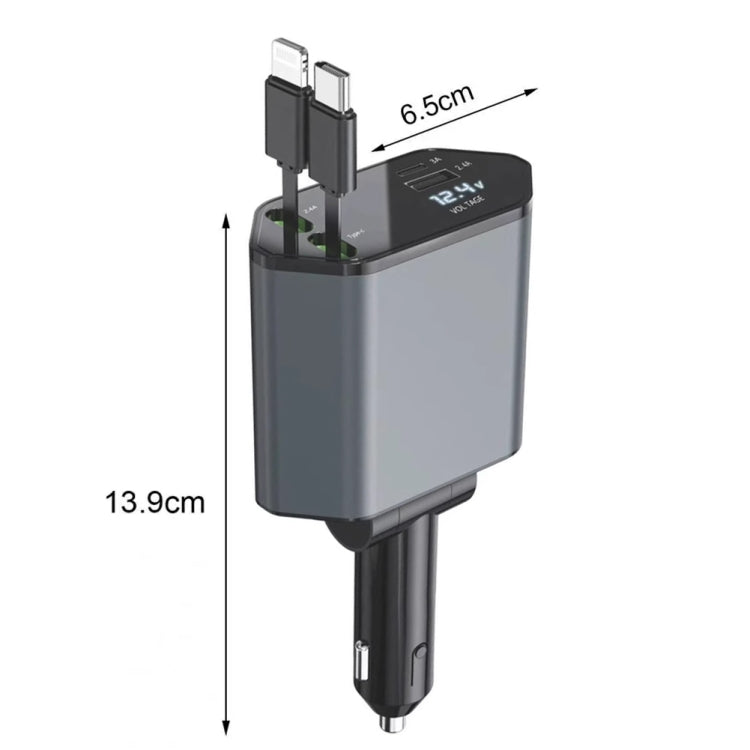 4-in-1 120W Multifunktionales einziehbares USB-Schnellladegerät mit zweizeiliger Digitalanzeige für das Auto