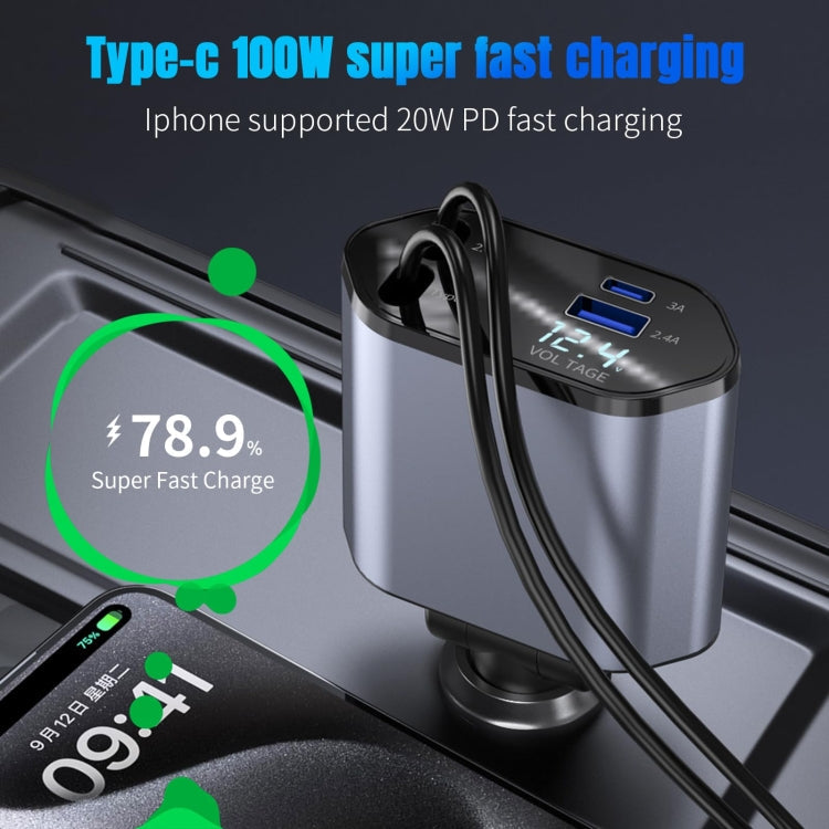 4-in-1 120W Multifunktionales einziehbares USB-Schnellladegerät mit zweizeiliger Digitalanzeige für das Auto