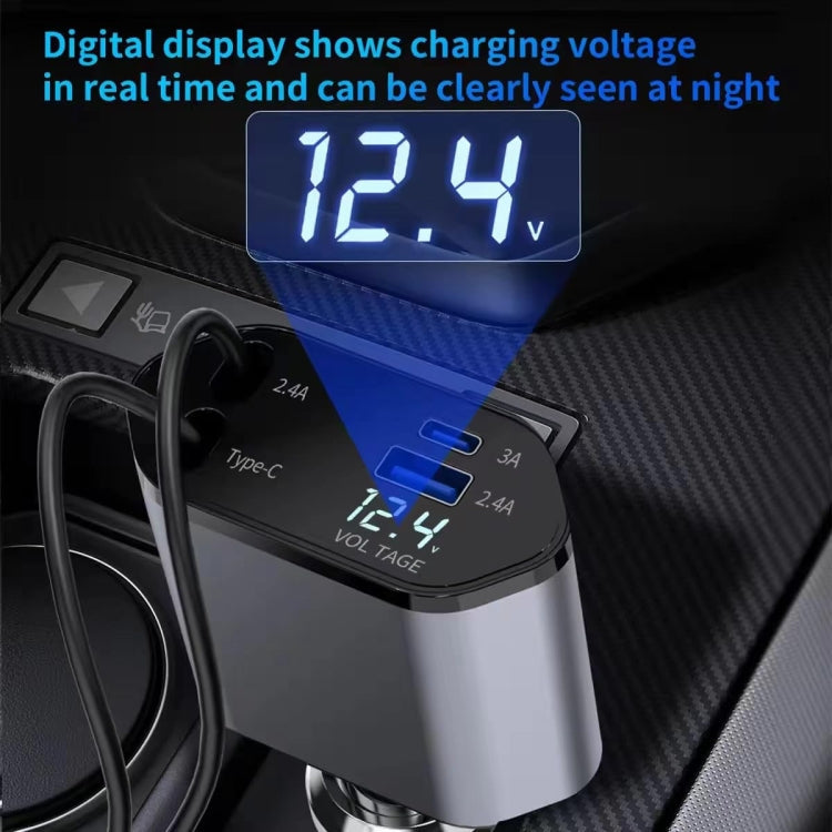 4-in-1 120W Multifunktionales einziehbares USB-Schnellladegerät mit zweizeiliger Digitalanzeige für das Auto