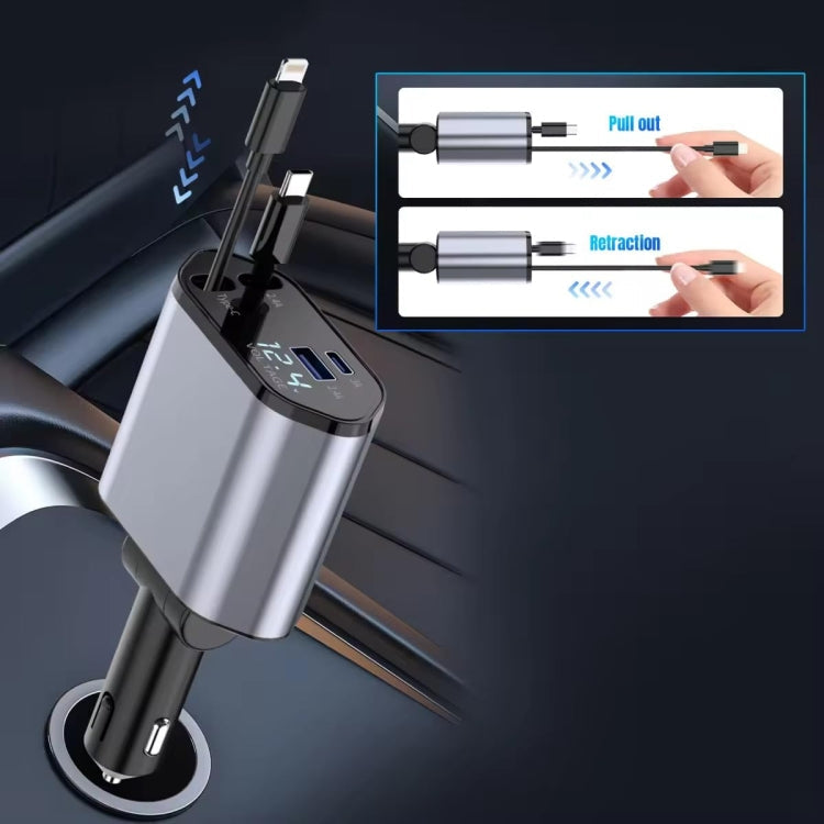 4-in-1 120W Multifunktionales einziehbares USB-Schnellladegerät mit zweizeiliger Digitalanzeige für das Auto