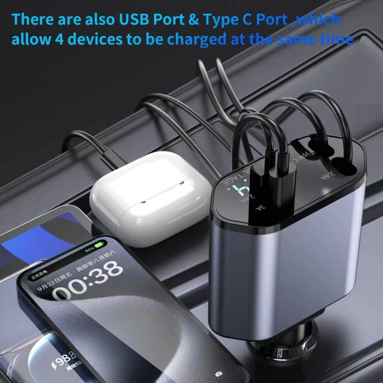 4-in-1 120W Multifunktionales einziehbares USB-Schnellladegerät mit zweizeiliger Digitalanzeige für das Auto