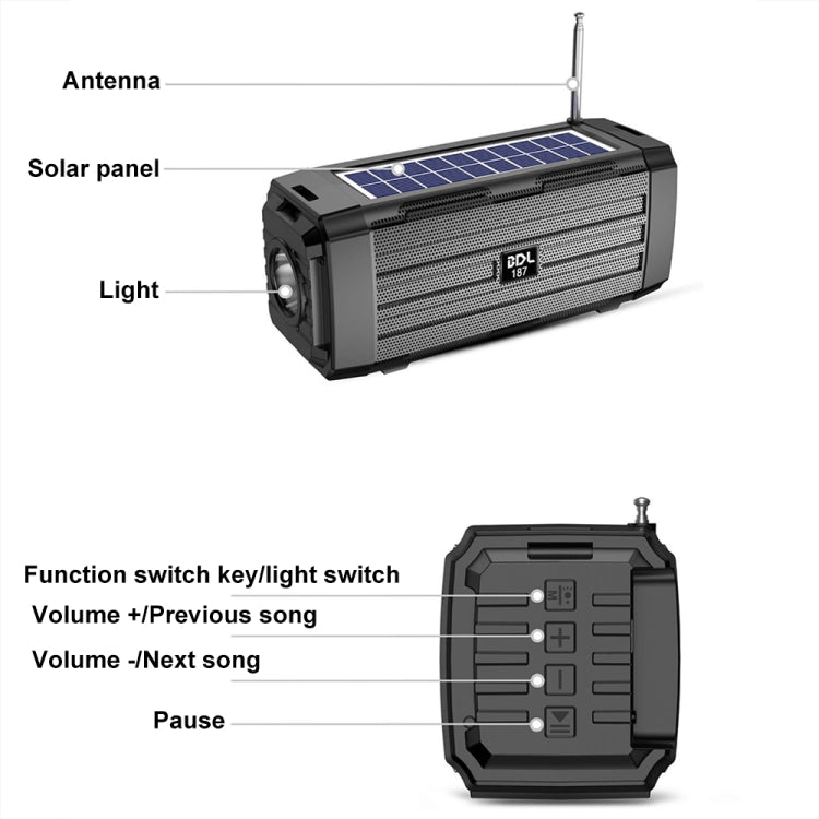 BDL-187 LED Light Solar Wireless Bluetooth Speaker Portable Outdoor Camping FM Radio