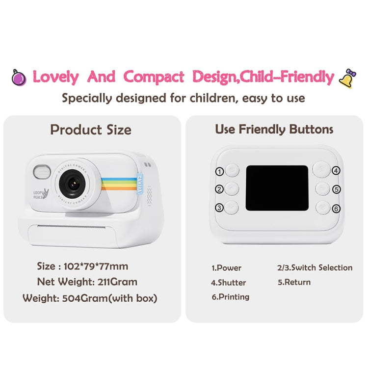 2,0-Zoll-LED-Blitz-Kamera für 1080P-HD-Aufnahmen und Fotodruck mit 3 Rollen Papier, Weiß, Weiß+32G, Schwarz, Schwarz+32G, Lila+32G, Lila