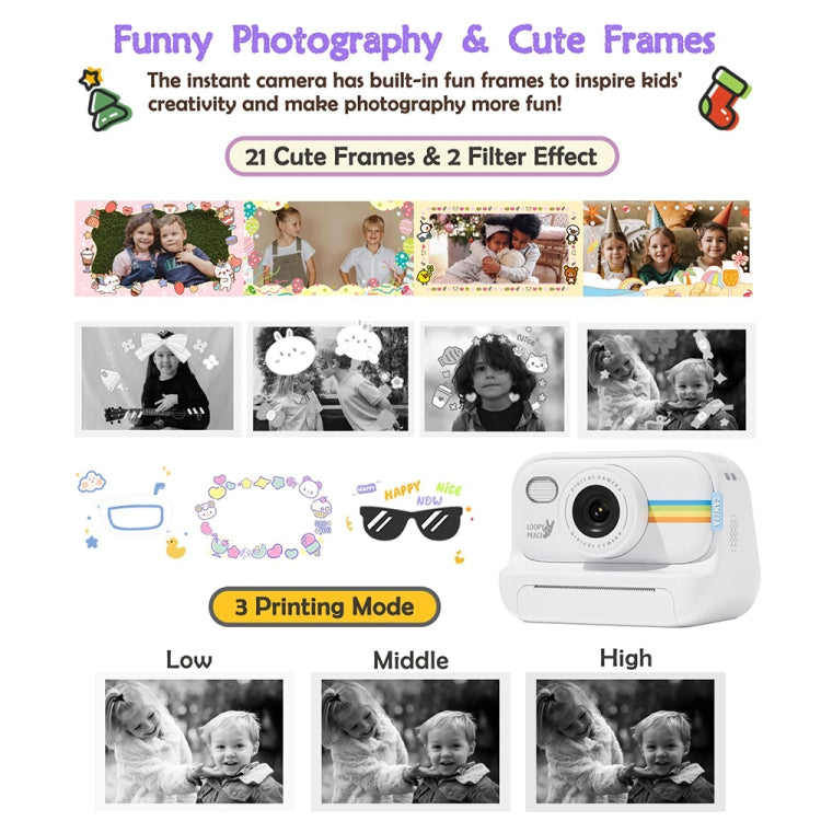 2,0-Zoll-LED-Blitz-Kamera für 1080P-HD-Aufnahmen und Fotodruck mit 3 Rollen Papier, Weiß, Weiß+32G, Schwarz, Schwarz+32G, Lila+32G, Lila