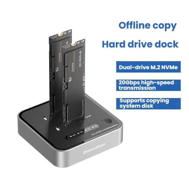Blueendless SD08 Dual-Bay NVMe SSD Gehäuse M.2 Offline-Klonfunktion 20Gbps High-Speed Solid-State-Drive-Hülle, US-Stecker, EU-Stecker, UK-Stecker