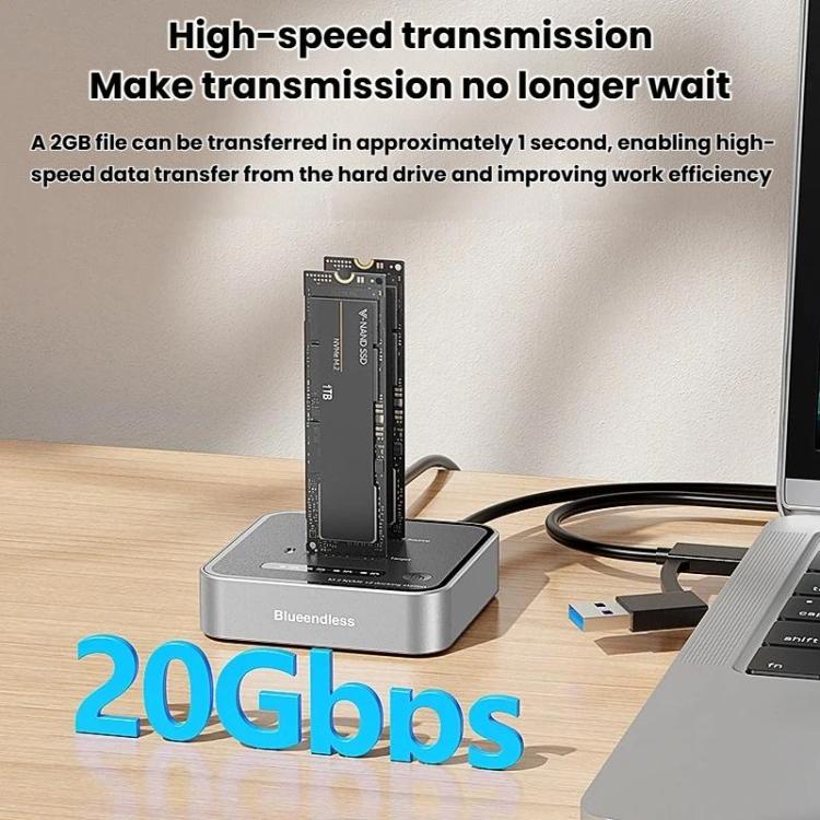 Blueendless SD08 Dual-Bay NVMe SSD Gehäuse M.2 Offline-Klonfunktion 20Gbps High-Speed Solid-State-Drive-Hülle, US-Stecker, EU-Stecker, UK-Stecker