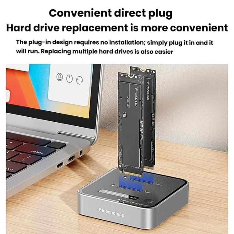Blueendless SD08 Dual-Bay NVMe SSD Gehäuse M.2 Offline-Klonfunktion 20Gbps High-Speed Solid-State-Drive-Hülle, US-Stecker, EU-Stecker, UK-Stecker