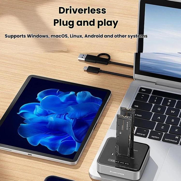 Blueendless SD08 Dual-Bay NVMe SSD Gehäuse M.2 Offline-Klonfunktion 20Gbps High-Speed Solid-State-Drive-Hülle, US-Stecker, EU-Stecker, UK-Stecker