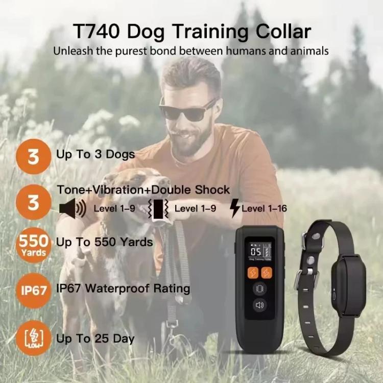 T740 Wiederaufladbares Hunde-Trainingshalsband mit Fernbedienung, IP67 wasserdichtes Haustiertrainingsgerät, T740
