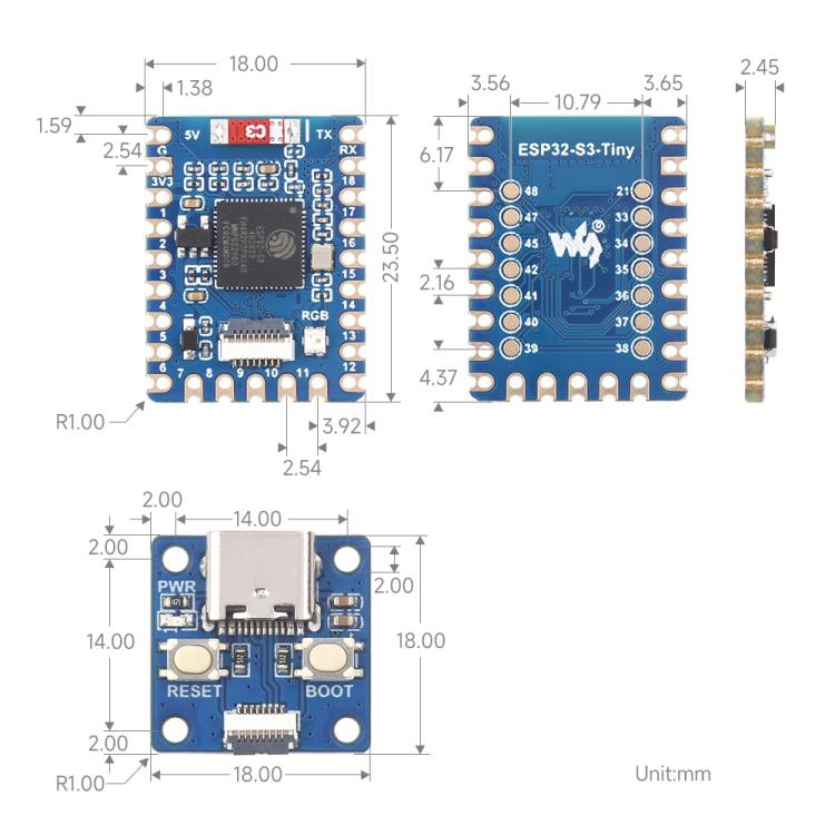 Mini-Entwicklungsboard Dual-Core-Prozessor, 240 MHz Betriebsfrequenz, Waveshare ESP32-S3-Tiny, Waveshare ESP32-S3-Tiny-N8R8, Waveshare ESP32-S3-Tiny-Kit, Waveshare ESP32-S3-Tiny-N8R8-Kit