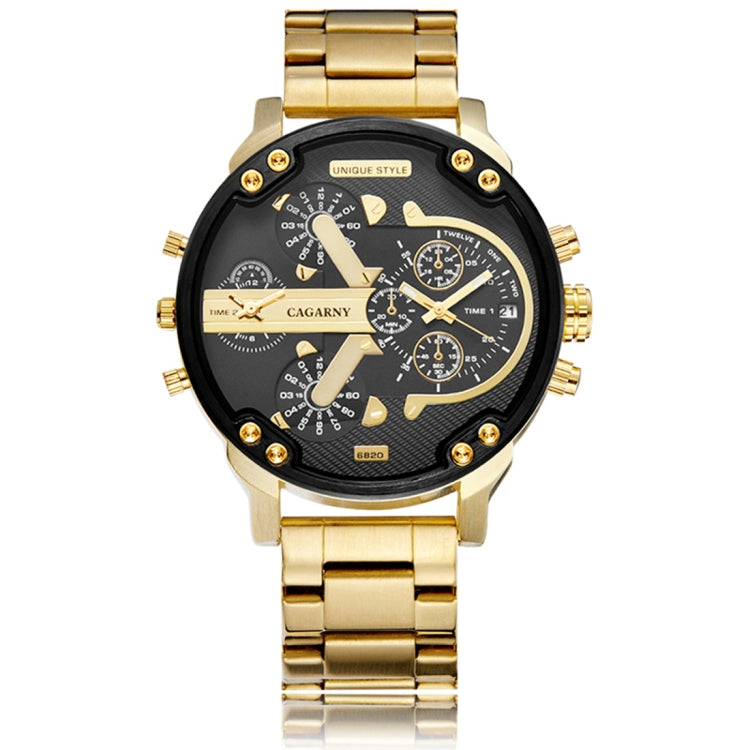 CAGARNY 6820 Large Dial Calendar Display Stainless Steel Band Quartz Dual Movement Watch For Men(Black Ring Gold Steel Belt), Black Ring Gold Steel Belt