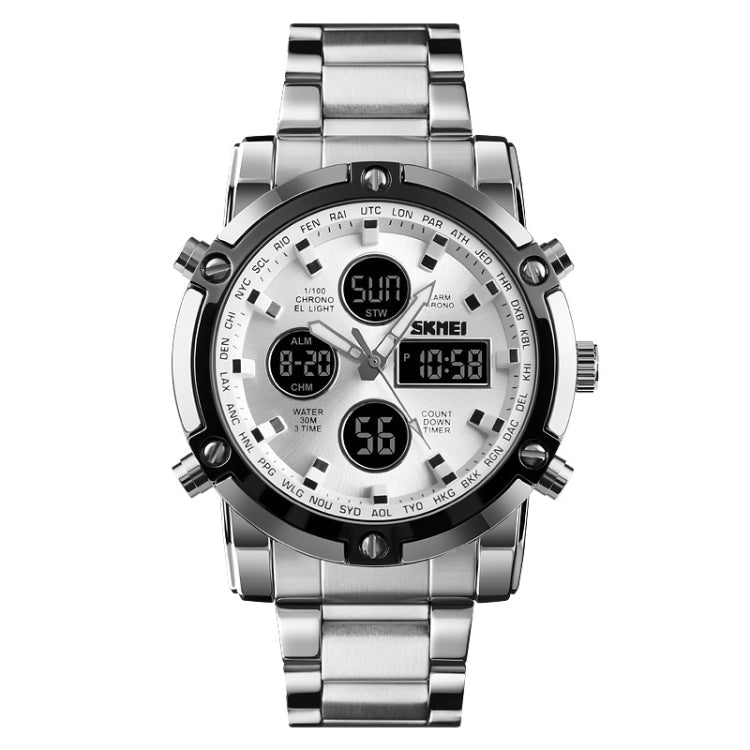 SKMEI 1389 Multifunctional Men Business Digital Watch 30m Waterproof Large Dial Wrist Watch with Stainless Steel Watchband , 1389 Black, 1389 Blue, 1389 Silver