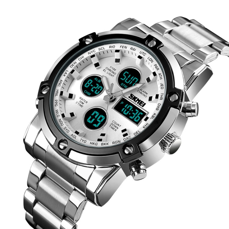 SKMEI 1389 Multifunctional Men Business Digital Watch 30m Waterproof Large Dial Wrist Watch with Stainless Steel Watchband , 1389 Black, 1389 Blue, 1389 Silver
