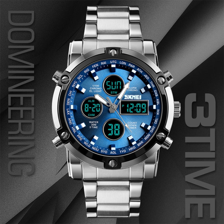 SKMEI 1389 Multifunctional Men Business Digital Watch 30m Waterproof Large Dial Wrist Watch with Stainless Steel Watchband , 1389 Black, 1389 Blue, 1389 Silver