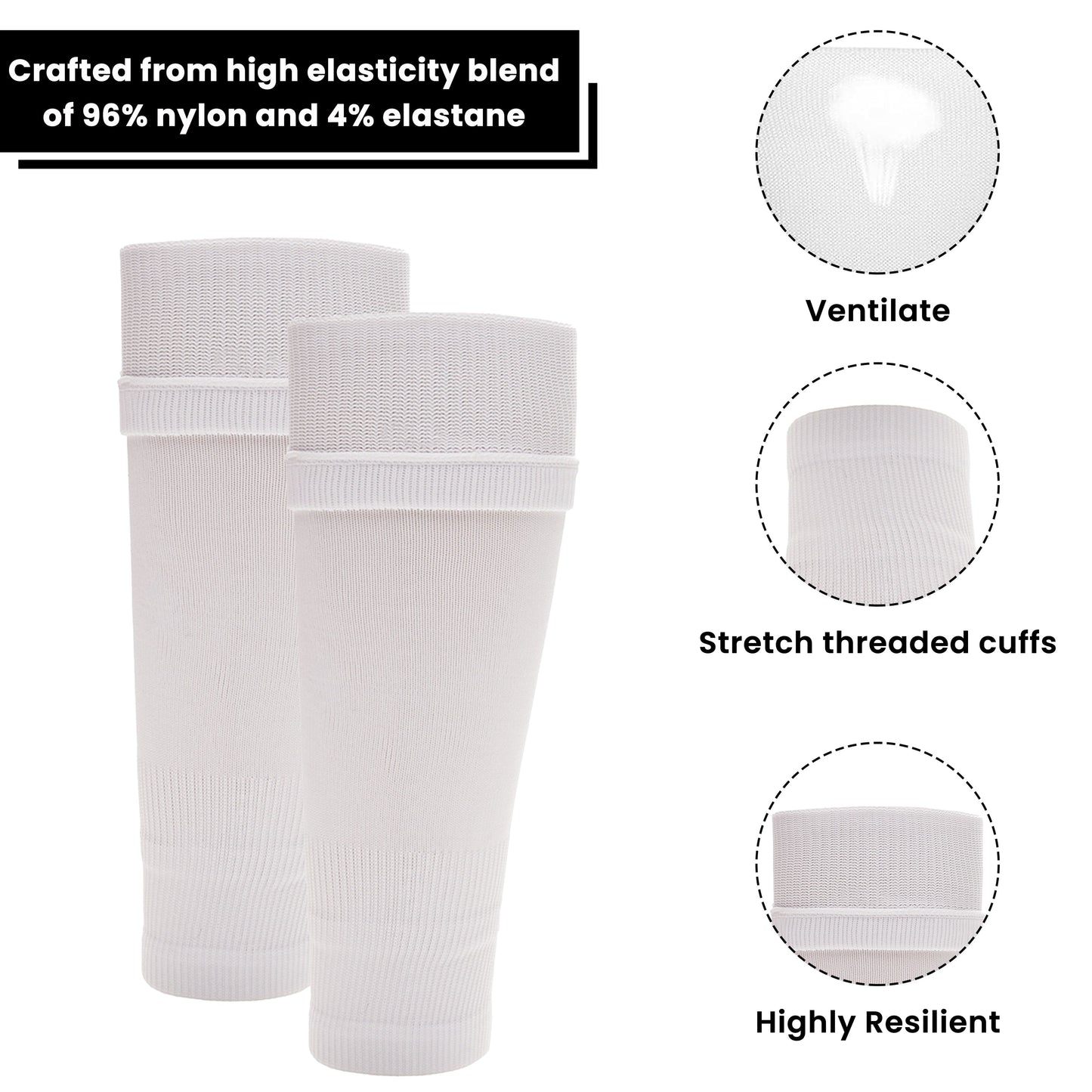 Adults White Football Leg Sleeve Socks Compression Support Fits Over Shin Pads Breathable & Secure for Training Running by Sock Stack