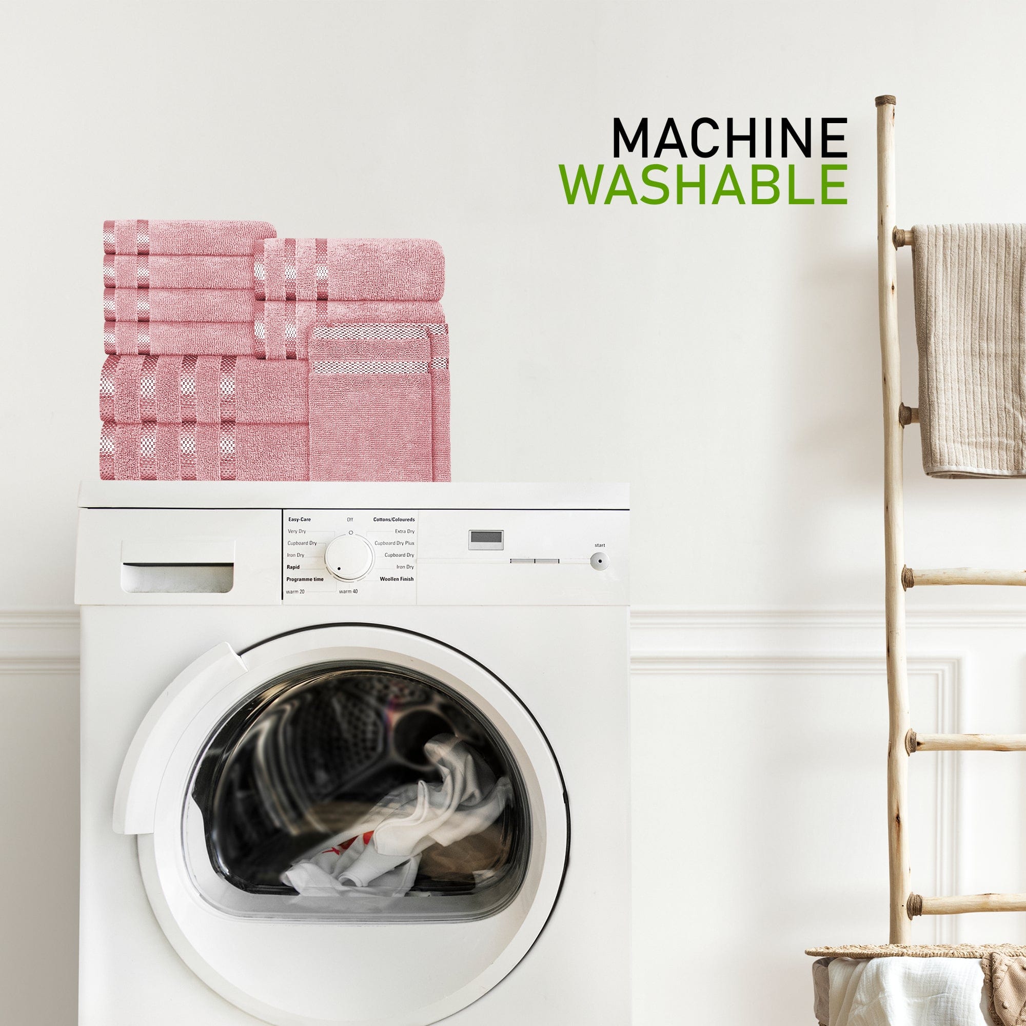 OLIVIA ROCCO Belmont Viscose Stripe Pink Towels 100 Percent Cotton Hotel Quality Super Absorbent 10 Piece Bale Set 4 Hand Towels 12 Face Cloths