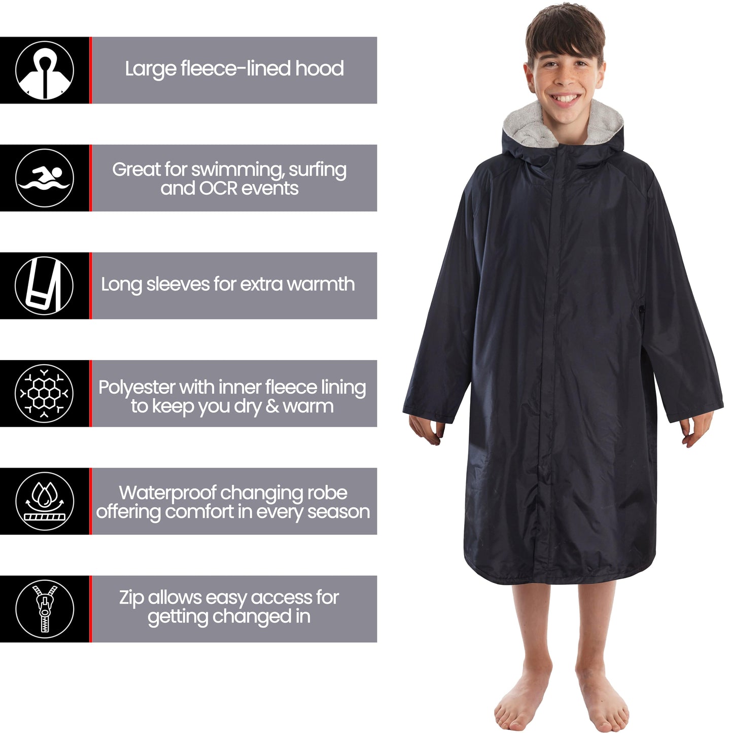 Changing Robe Kids Unisex Hooded Coat Black/Grey Windproof Waterproof Quick Dry for Beach Surfing Swimming by Heatwave Thermalwear