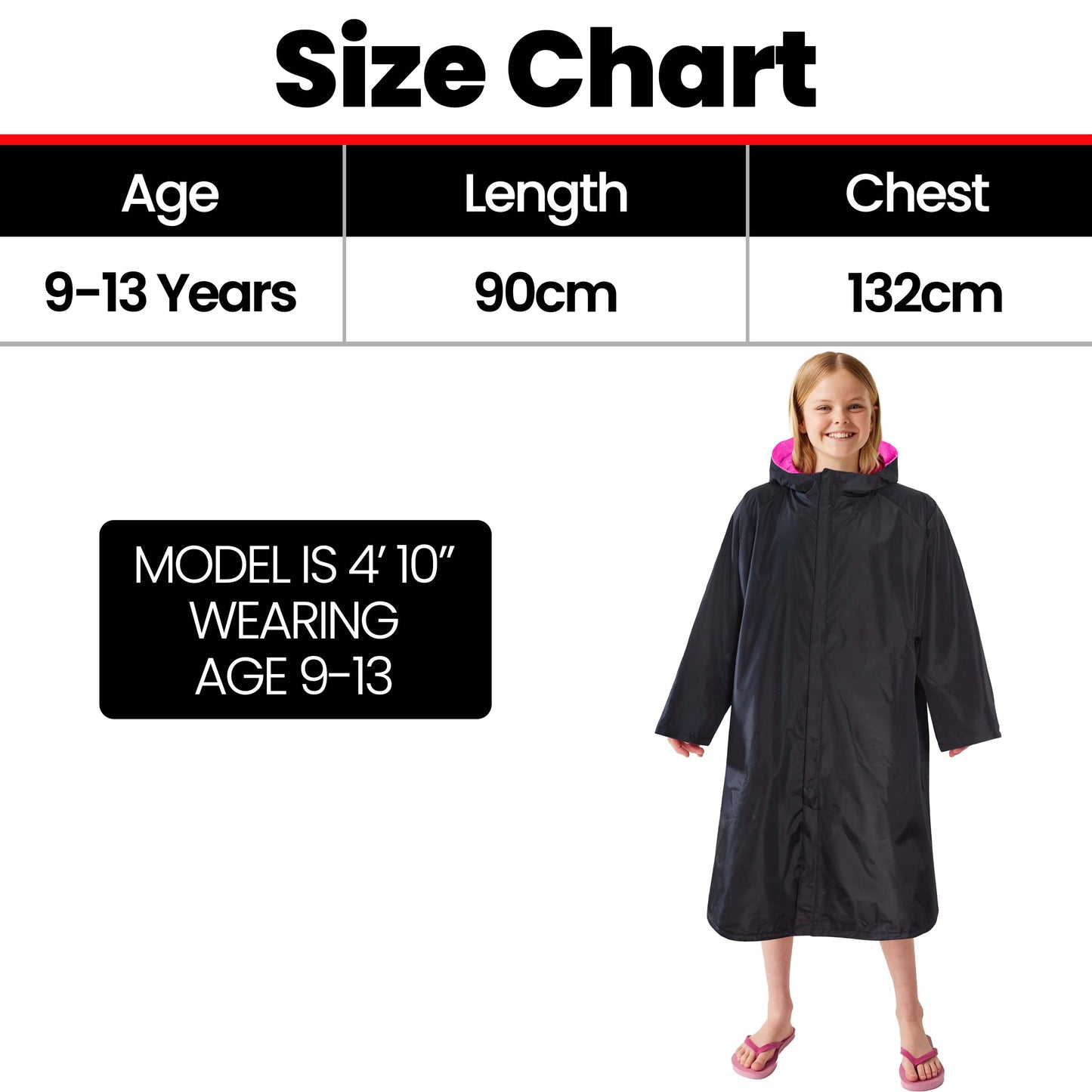 Changing Robe Kids Unisex Hooded Coat Black/Pink Windproof Waterproof Quick Dry for Beach Surfing Swimming by Heatwave Thermalwear