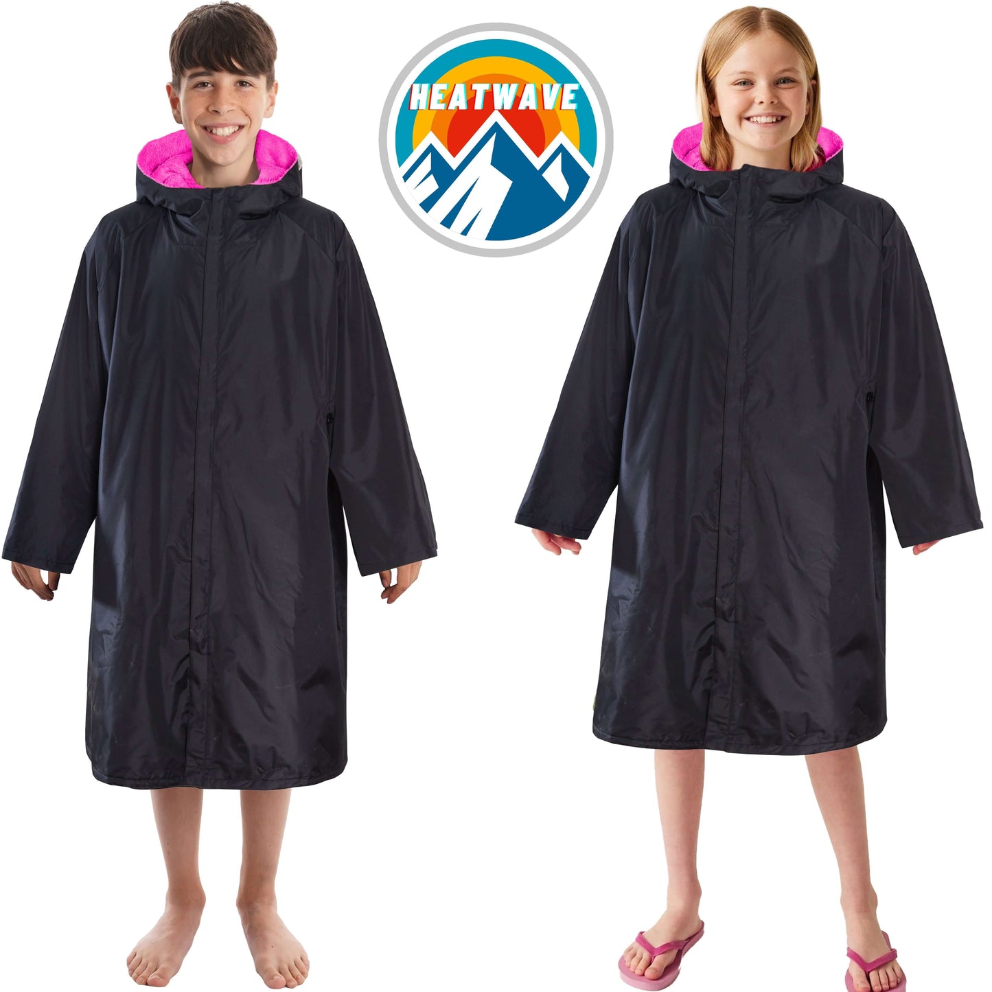 Changing Robe Kids Unisex Hooded Coat Black/Pink Windproof Waterproof Quick Dry for Beach Surfing Swimming by Heatwave Thermalwear