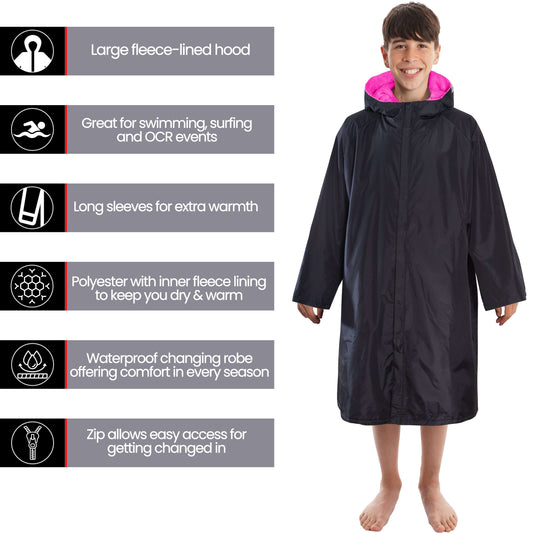 Changing Robe Kids Unisex Hooded Coat Black/Pink Windproof Waterproof Quick Dry for Beach Surfing Swimming by Heatwave Thermalwear