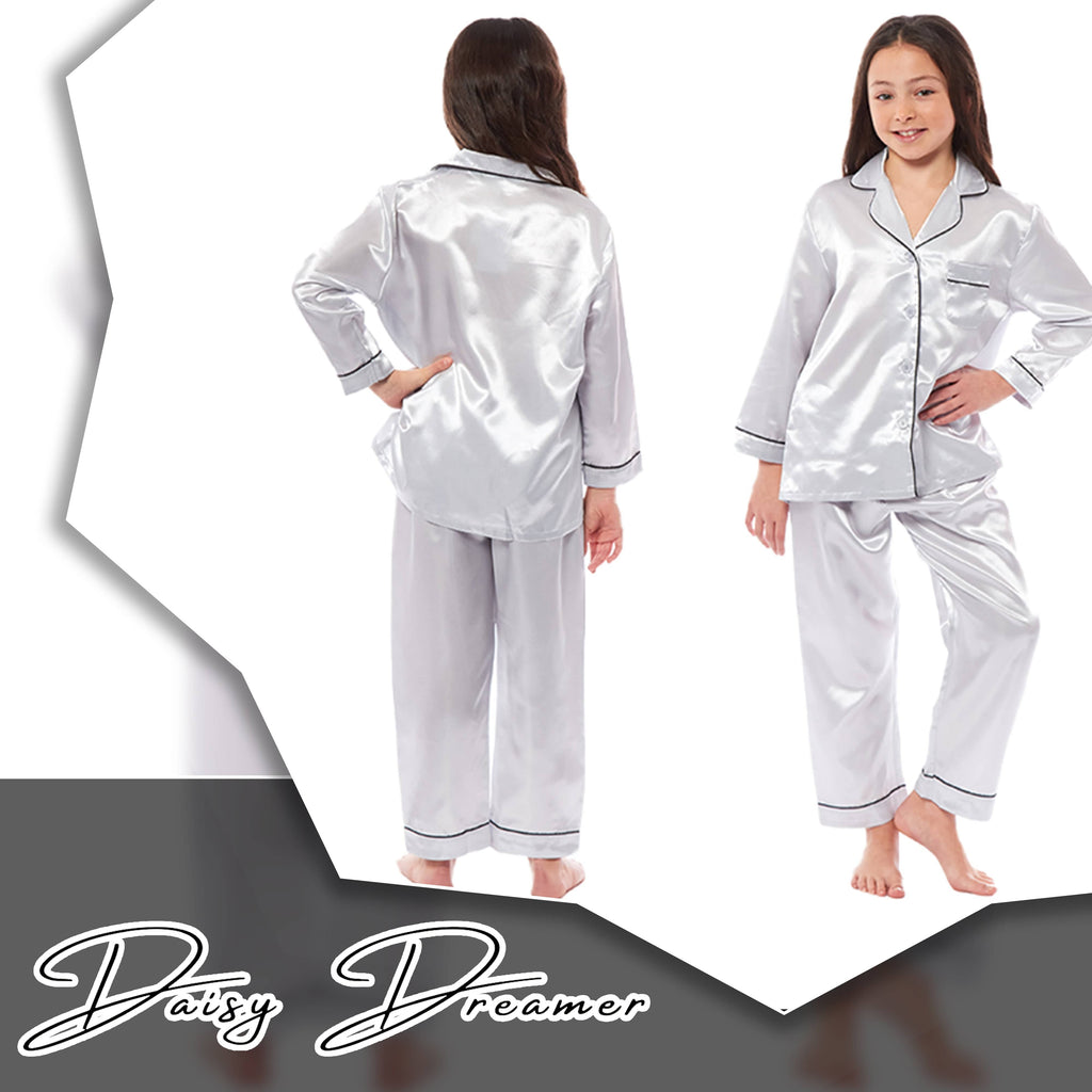 OLIVIA ROCCO Girls Satin Silk Long Sleeve Pyjama Set Black Pink Grey 5-14 Button Down