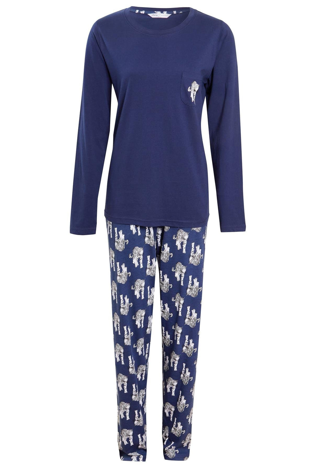 OLIVIA ROCCO Navy Tiger Print Pyjama Set For Women 100% Soft Cotton Relaxed Fit Nightwear