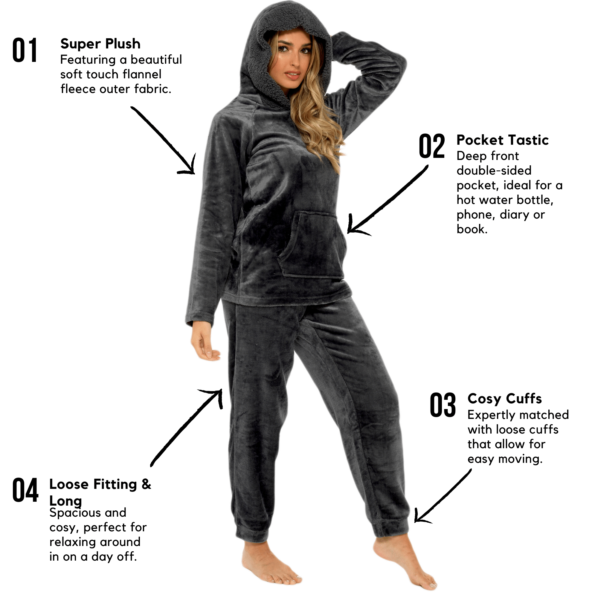 OLIVIA ROCCO Women's Charcoal Plush Fleece Hooded Pyjama Set With Sherpa Lining Super Soft Cosy Home Loungewear