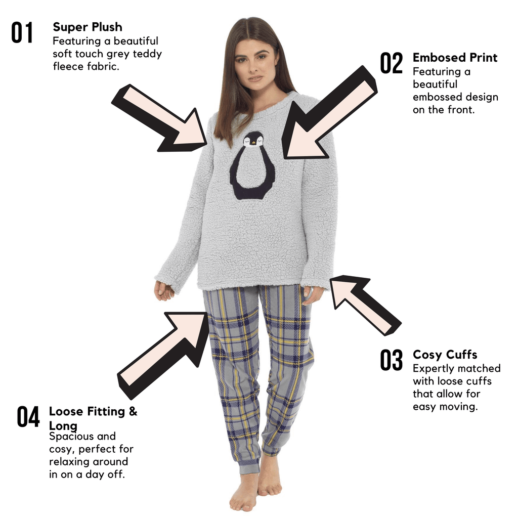 OLIVIA ROCCO Women's Teddy Fleece Pyjama Set Penguin Design Soft Cosy Nightwear Super Soft Cosy Home Loungewear