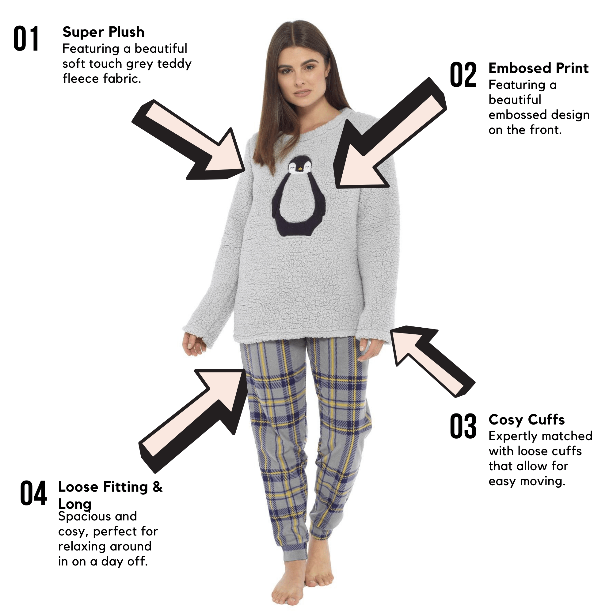 OLIVIA ROCCO Women's Teddy Fleece Pyjama Set Penguin Design Soft Cosy Nightwear Super Soft Cosy Home Loungewear