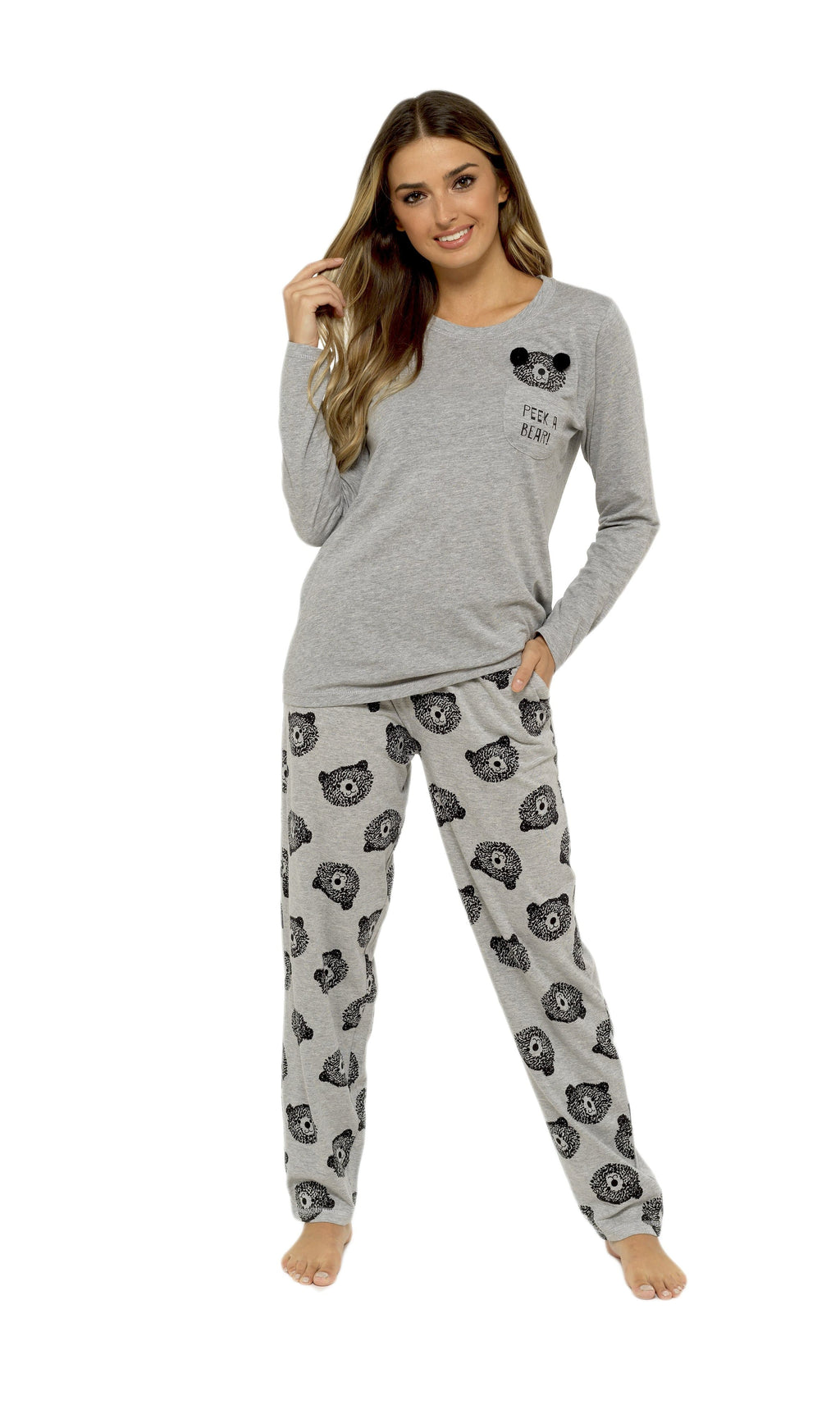 OLIVIA ROCCO Womens Grey Cotton Pyjama Set With Teddy Bear Design Cosy Easy-Care Nightwear Set