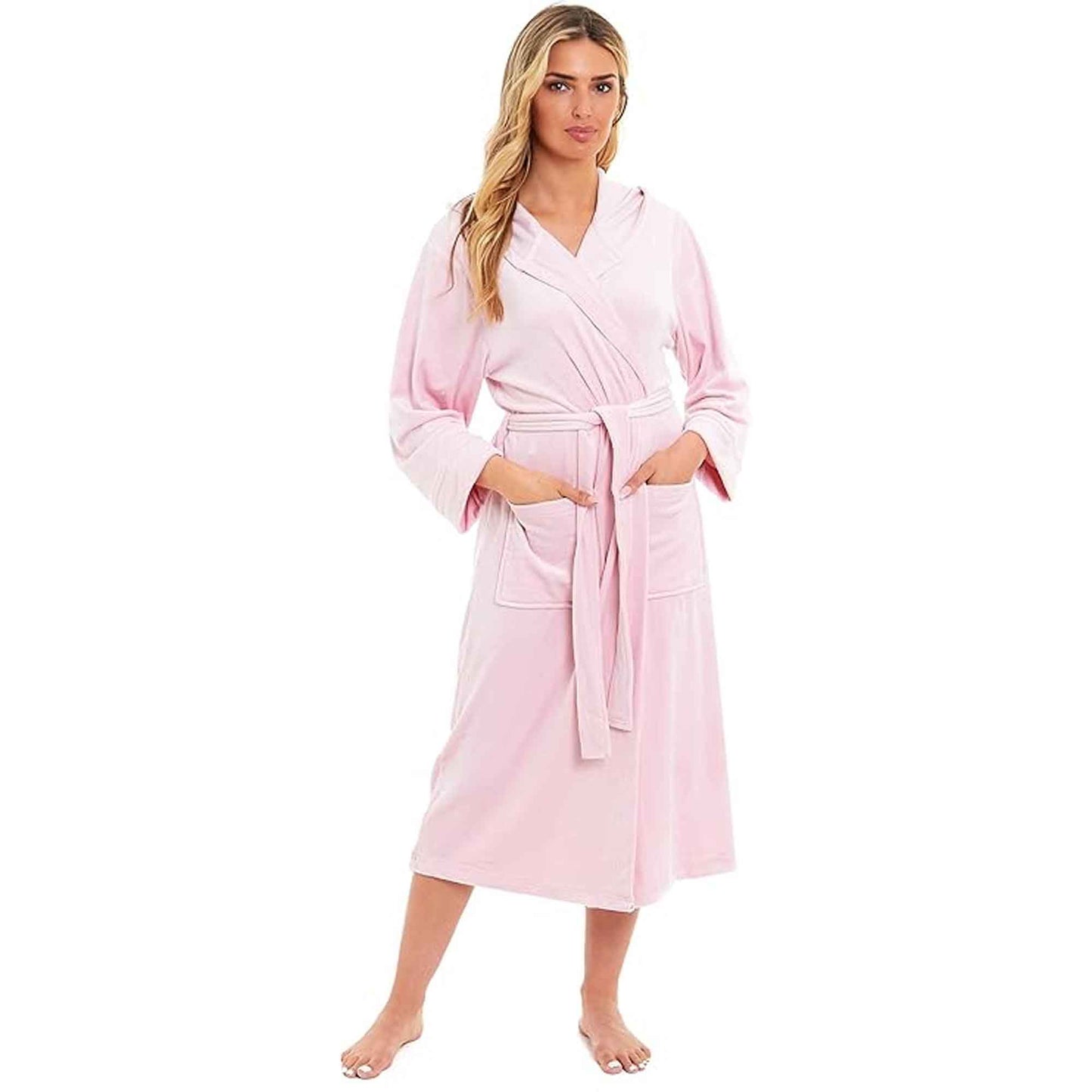 Elegant Women's Hooded Velour Robe Ultra-Soft Luxurious Bathrobe Perfect for Lounging Spa and Gym in Pink and Grey Adjustable Fit Multiple Sizes by Daisy Dreamer