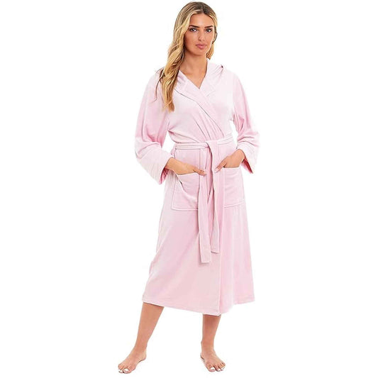 Elegant Women's Hooded Velour Robe Ultra-Soft Luxurious Bathrobe Perfect for Lounging Spa and Gym in Pink and Grey Adjustable Fit Multiple Sizes by Daisy Dreamer