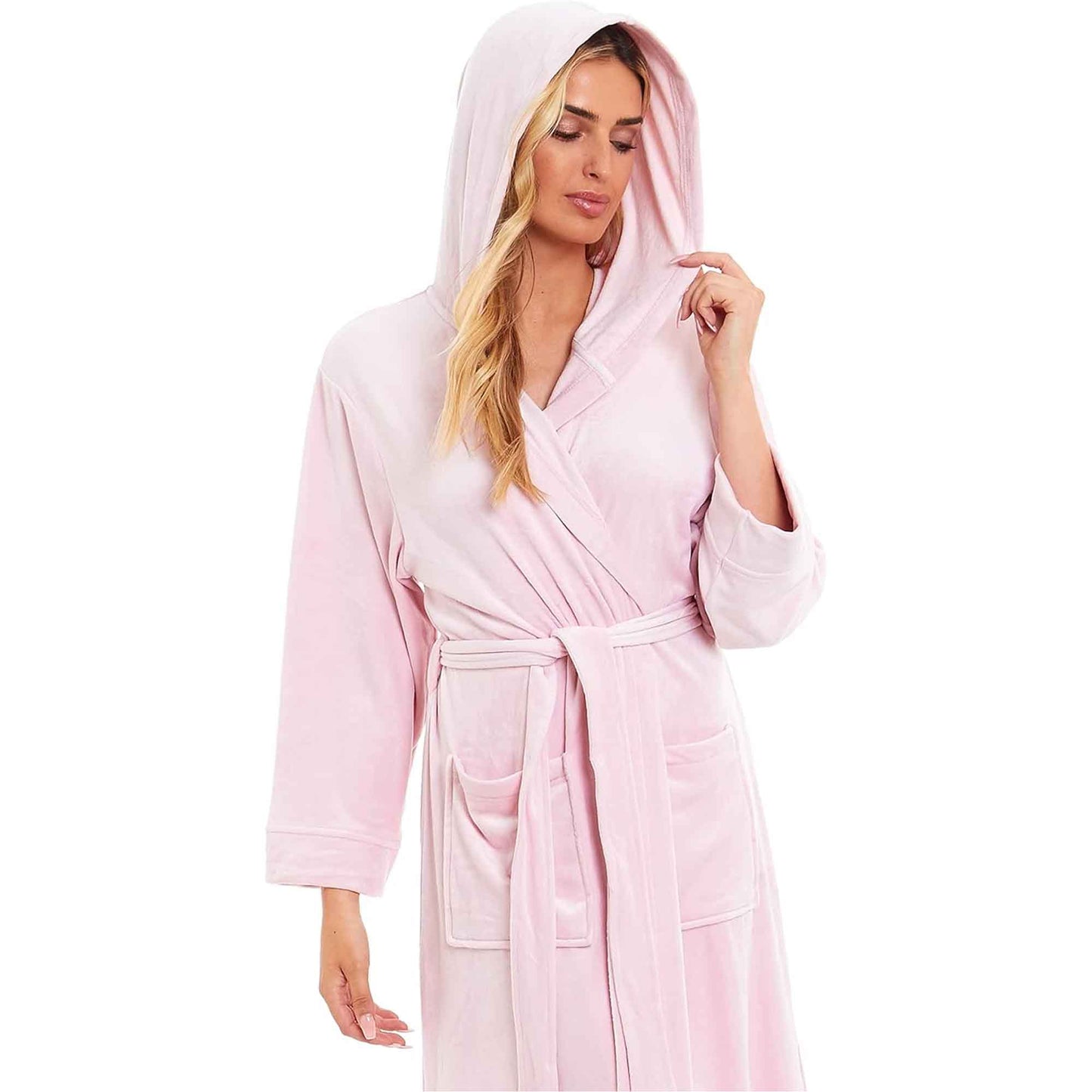 Elegant Women's Hooded Velour Robe Ultra-Soft Luxurious Bathrobe Perfect for Lounging Spa and Gym in Pink and Grey Adjustable Fit Multiple Sizes by Daisy Dreamer