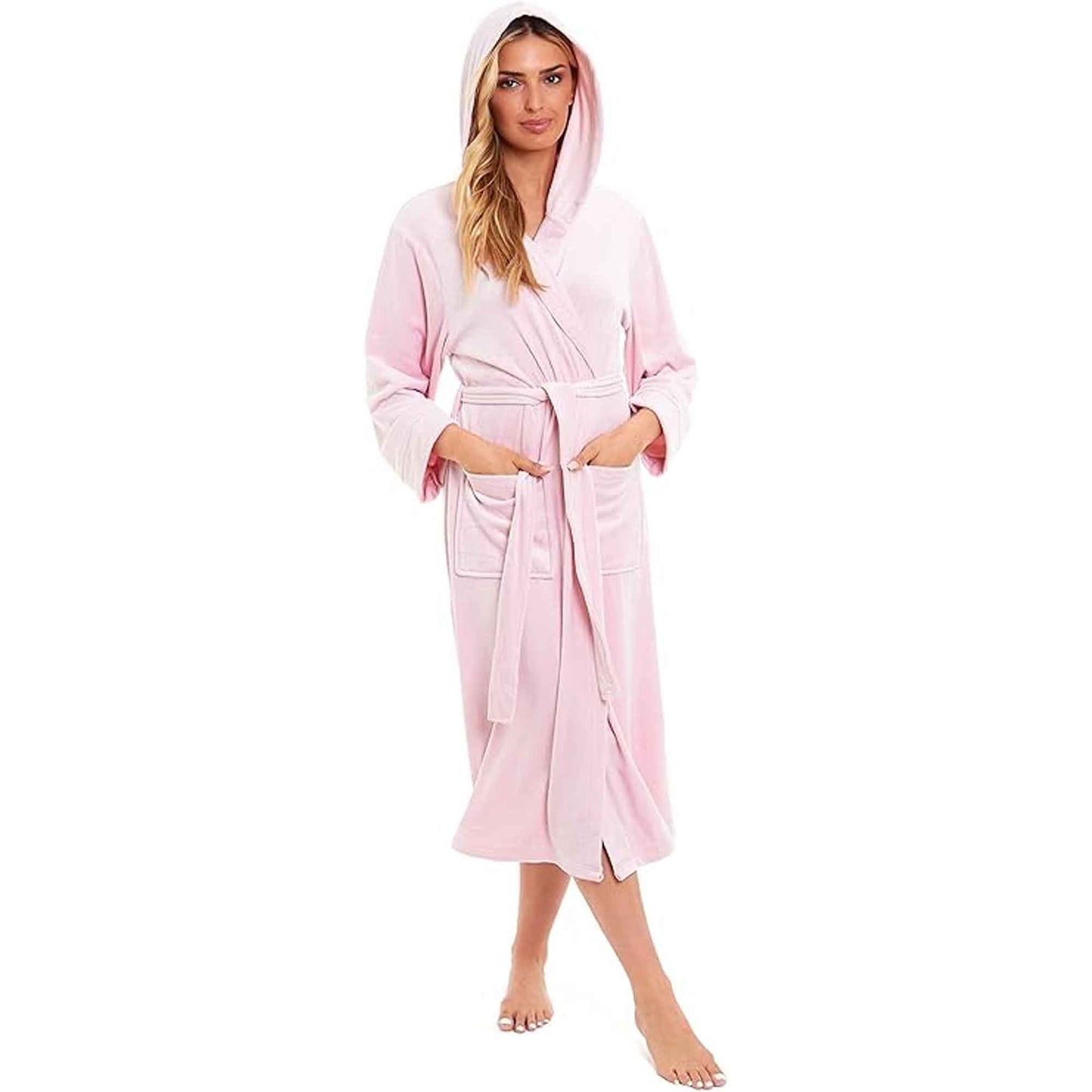 Elegant Women's Hooded Velour Robe Ultra-Soft Luxurious Bathrobe Perfect for Lounging Spa and Gym in Pink and Grey Adjustable Fit Multiple Sizes by Daisy Dreamer