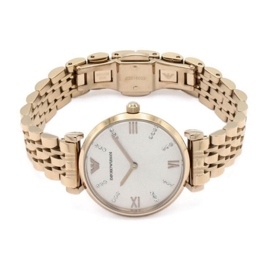 Emporio Armani Women's Watch Stainless Steel Rose Gold Blush Strap With Gold Dial AR11059 Gianni T-Bar