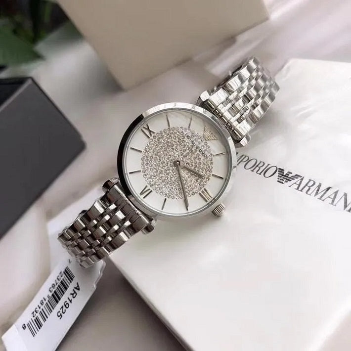 Emporio Armani Women’s Watch Stainless Steel Silver Strap With Crystal Pave White Dial AR1925 Gianni T-Bar