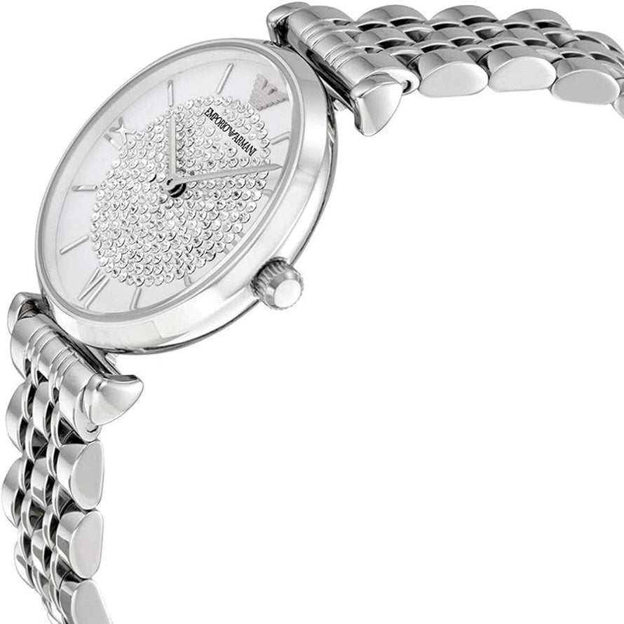 Emporio Armani Women’s Watch Stainless Steel Silver Strap With Crystal Pave White Dial AR1925 Gianni T-Bar