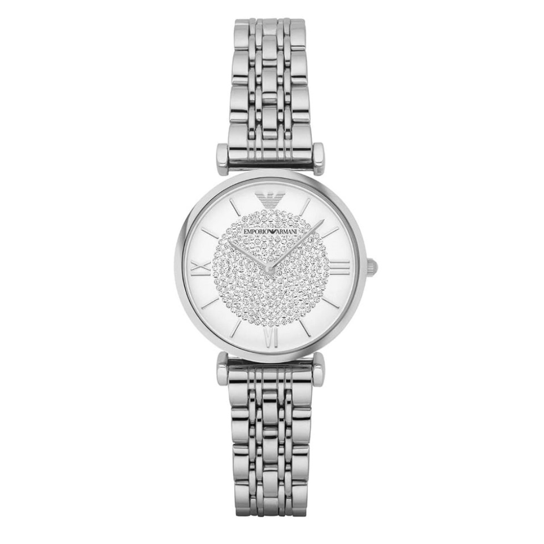 Emporio Armani Women’s Watch Stainless Steel Silver Strap With Crystal Pave White Dial AR1925 Gianni T-Bar