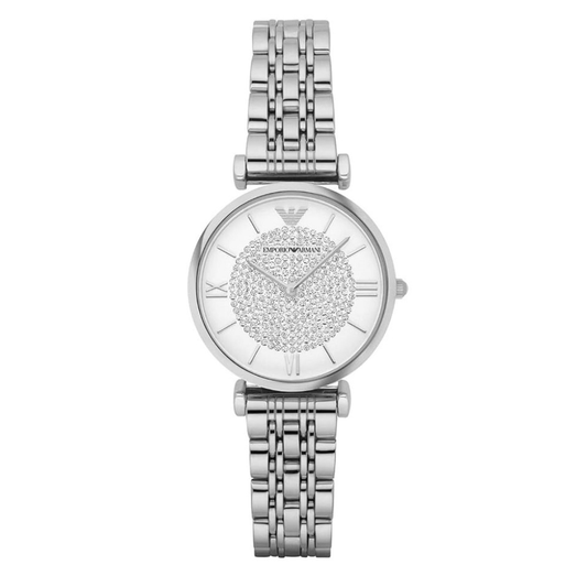 Emporio Armani Women’s Watch Stainless Steel Silver Strap With Crystal Pave White Dial AR1925 Gianni T-Bar